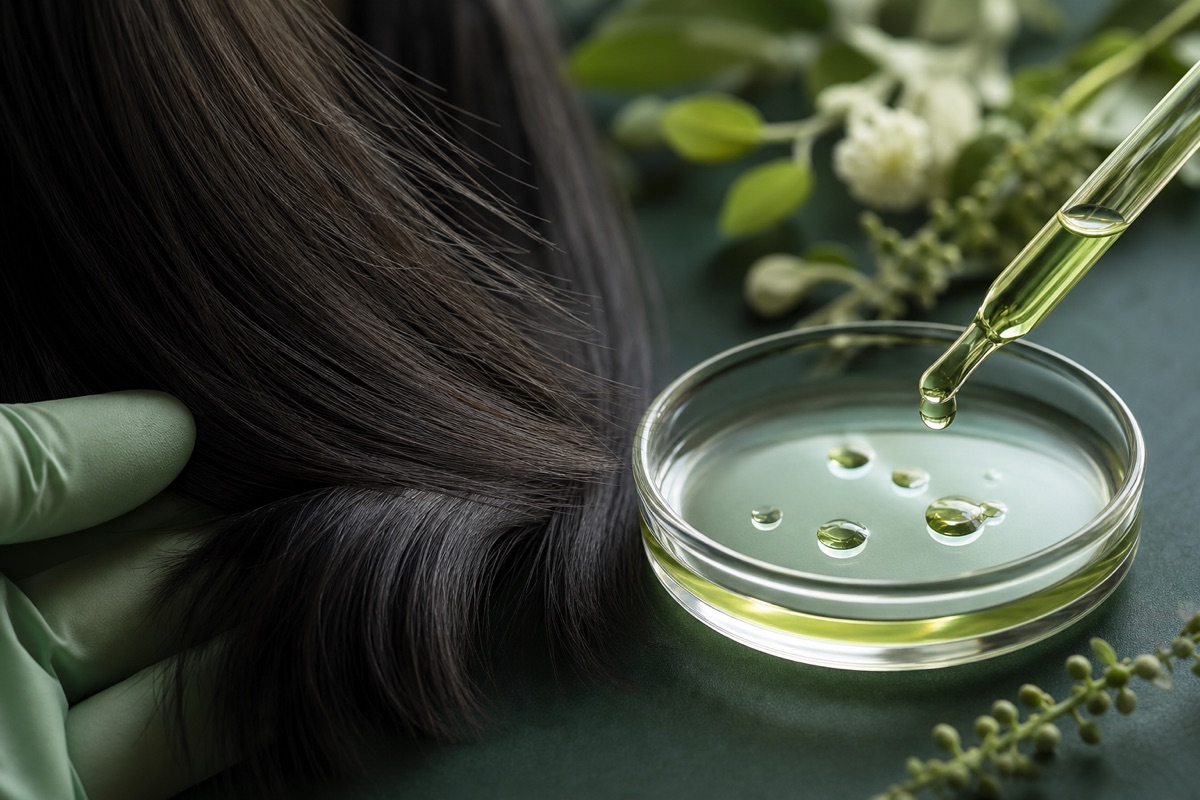 Hair strands being examined with a precision pipette and sample dish