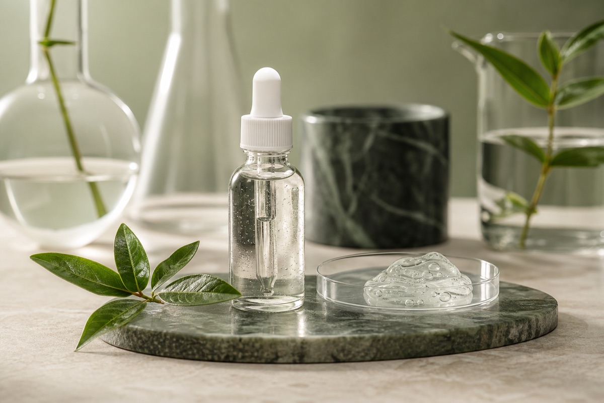 Serum and cosmetic gel samples in a botanical laboratory setting
