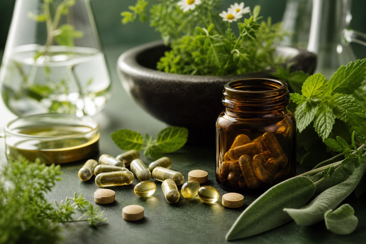 Botanical supplement capsules with herbs and laboratory glassware